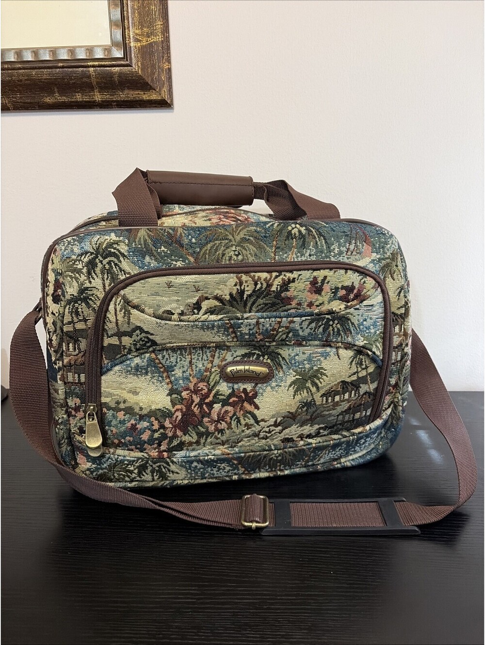Vintage Palm Island Canvas Tapestry Carry on Bag Palm Tree Design Zip Close